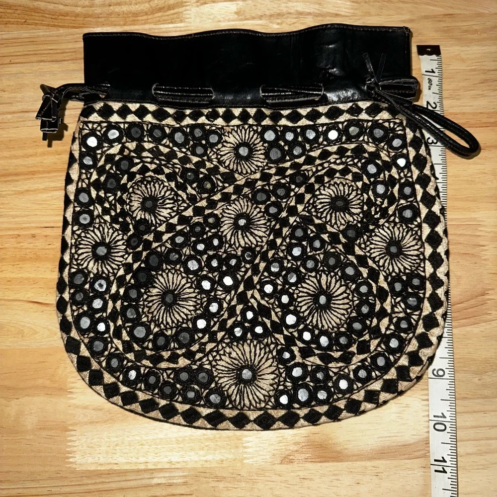 70s Black Leather Embroidered Drawstring Tote Shisha Mirror